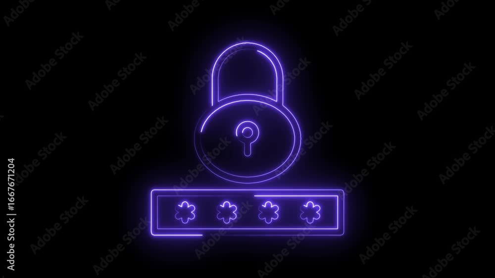 Aufkleber glowing purple neon lock and password input field with asterisks on black background representing