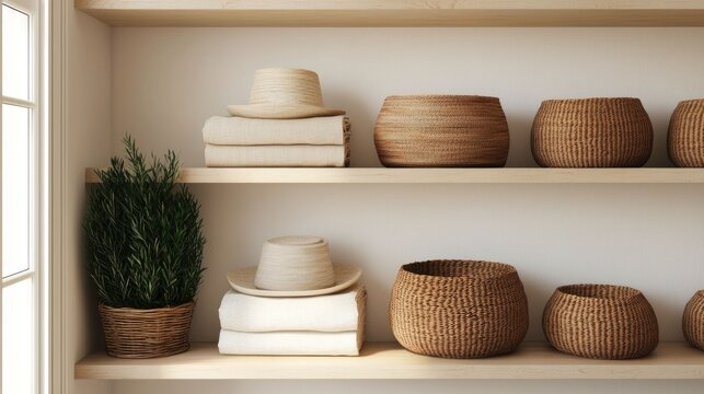Wicker baskets woven textiles and natural fiber products arranged on wooden shelves in a bright minimalist shop setting showcasing eco friendly and sustainable home decor items - Powered by Adobe