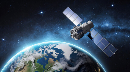 Satellite orbiting Earth with solar panels and stars