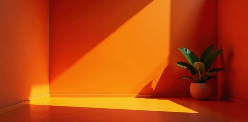 Sunlit orange room, dramatic shadows cast by unseen object, texture, orange room