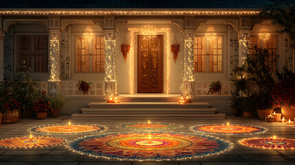 Digital Art of Diwali: a traditional Indian home decrated for Diwali, bright lghts outlining the structue, colorful rangolis at th entrance, warm golden ligt from diyas, welcoming an festive