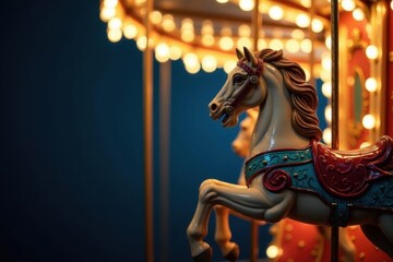 Intricately carved carousel horse, twinkling lights, dark carnival backdrop, silhouette, merry-go-round
