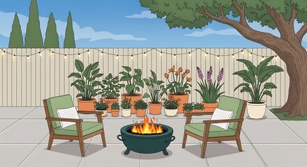 Obraz premium Cozy backyard patio with a fire pit and potted plants