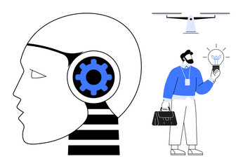 Minimalist design of a robot head with a gear mechanism, a drone, and a man holding a glowing lightbulb. Ideal for AI, creativity, technology, innovation, robotics, problem-solving simple flat