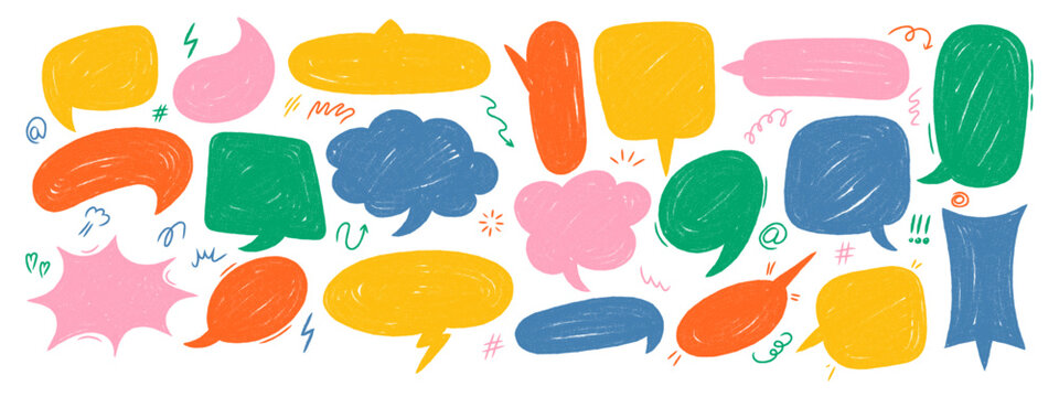 Crayon speech bubbles set. Hand drawn vector comic talk balloons with chalky texture. Doodle style colorful dialog frames.