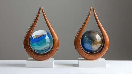 Modern decorative wooden sculptures with colorful glass spheres inside elegant flame-shaped frames, displayed on white pedestals in a contemporary art gallery setting