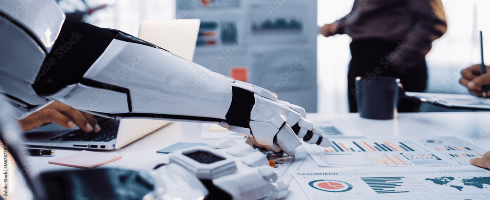 Poster a futuristic robot arm interacts during a business meeting, showcasing the integration of technology