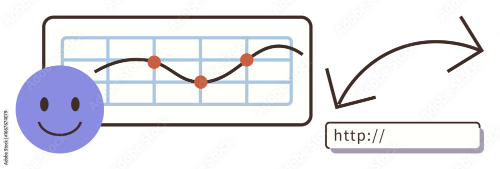 Aufkleber happy face beside a curved line graph with plotted points arrow connecting to a web link input field