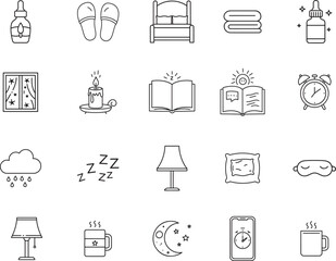 Fototapeta premium Sleep and Bedtime Routine Line Art Icon Set