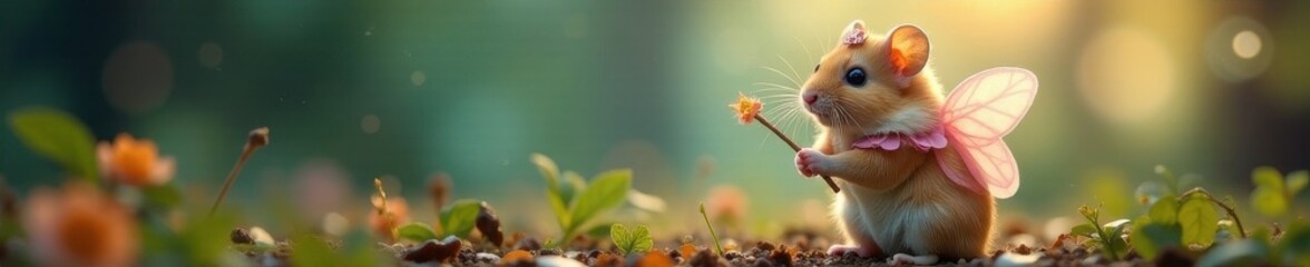 Tiny hamster in fairy costume, whimsical wand , sweet, fantasy, pretty
