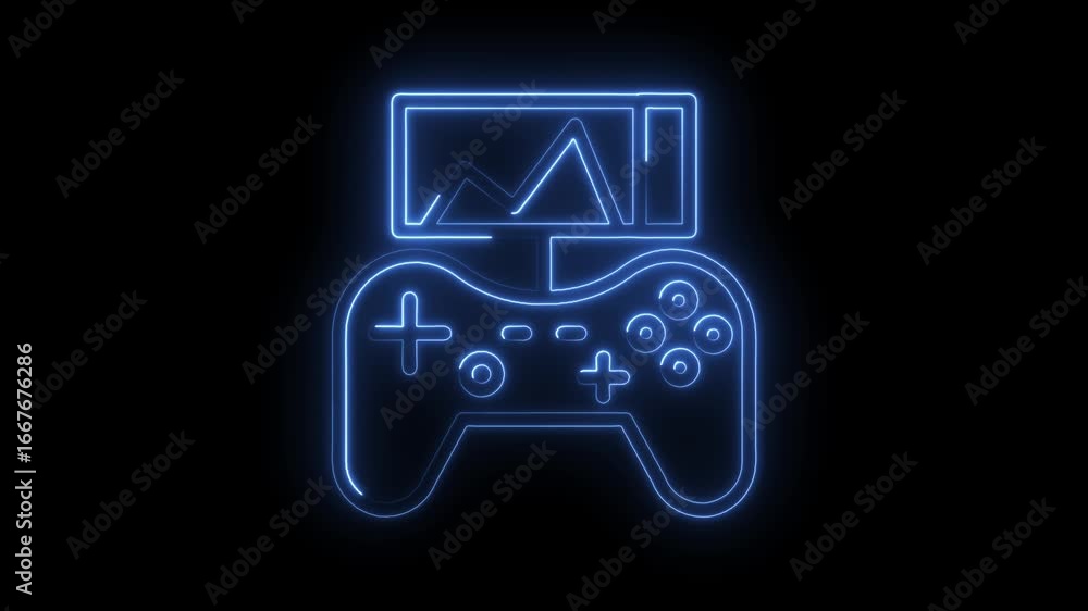 Poster blue neon game controller icon with graph display glowing on black background futuristic