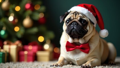Festive pug, Santa hat, bow tie, gifts by Christmas tree , bowtie, dog, christmas