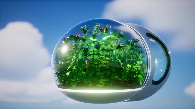 A transparent sphere, resembling a  pod, containing lush greenery and flowers, floats in the sky