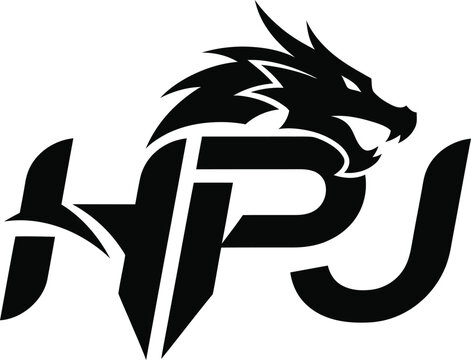 Black dragon head logo over stylized hpj letters