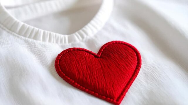 Red heart embroidery patch on white t shirt