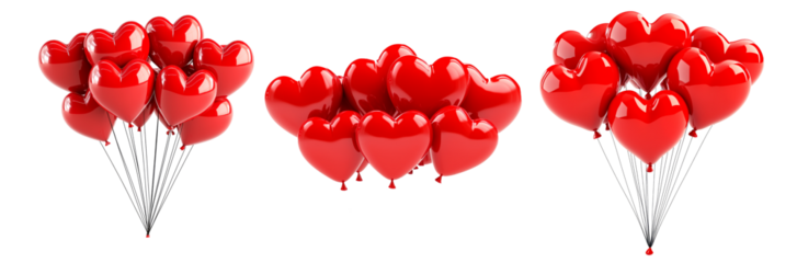 A cluster of shiny red heart-shaped balloons floating against white transparent background, symbolizing love and celebration of Valentine Day