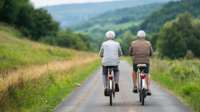 Two elderly people a man and a woman riding bicycles together on a scenic winding path through a lush rural countryside landscape  They appear carefree and content
