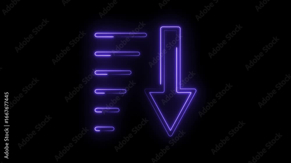 Poster glowing neon purple down arrow icon with horizontal lines symbolizing order or list on black