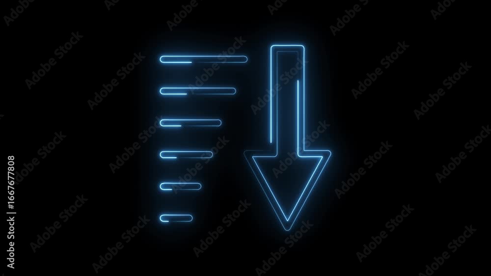 Poster glowing blue neon arrow icon pointing down with horizontal lines indicating sorting or progress