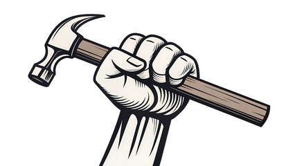 A hand holding a hammer isolated on transparent background, symbolizing construction, repair, and the power of labor and craftsmanship