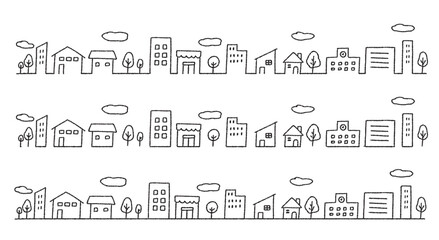 街並みの手書きイラスト ビル 家 学校 店 線画