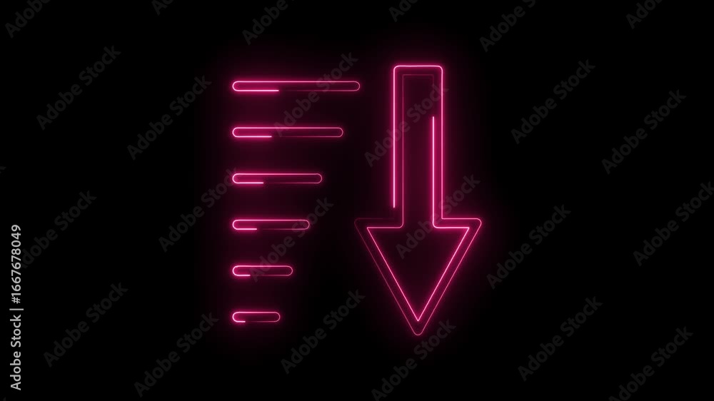 Poster glowing neon pink download icon with horizontal lines representing progress or list items