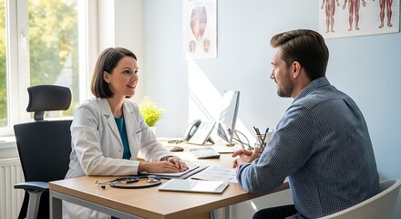 Fototapeta premium A female doctor in a white coat consults with a male patient in her office, discussing medical information.