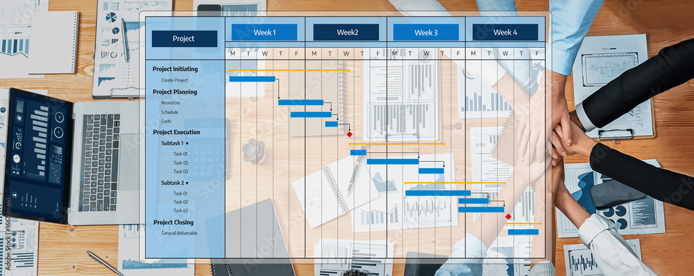 Poster a detailed project management overview featuring a gantt chart that illustrates project phases like 