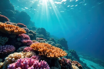 Coral reef, crystal clear water, vibrant underwater life , background, vibrant