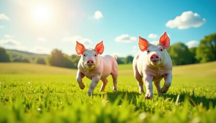 Happy pigs frolicking in a sun-drenched pasture , joy, joyful