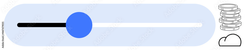 Poster blue slider on progress bar, cloud icon, and coin stack symbolize file upload, saving, and financial