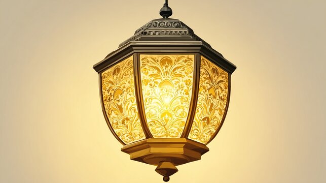Ornate hanging light fixture with floral pattern and ambient glow in soft lighting - Powered by Adobe