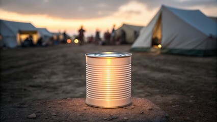 Global Migration + Refugee + Humanitarian A can lantern illuminates a campsite at dusk with tents in the background.