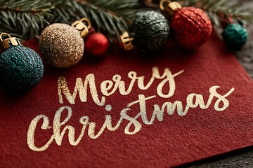 Gold Merry Christmas text on red card with ornaments and pine branch holiday greeting card