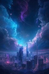 Fototapeta premium Futuristic cyberpunk city skyline glowing with neon lights under a dramatic stormy night sky, blending science fiction atmosphere with vibrant colors and modern architecture