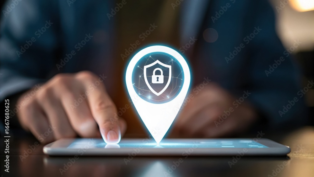 Aufkleber global migration + refugee + humanitarian a person interacts with a tablet displaying a secure locat