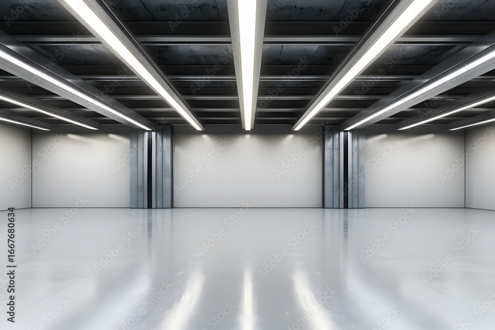 Poster industrial design project empty hall with led lights on top, grey walls and glossy concrete floor. 3
