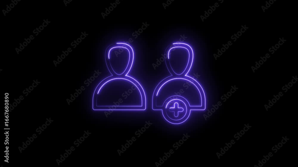 Aufkleber glowing neon purple user icon with plus symbol isolated on black background representing adding