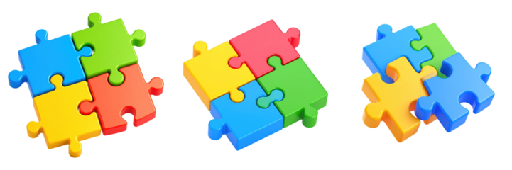 3D Plastic Style Puzzle Icon with Colorful Interlocking Pieces Representing Teamwork and Problem Solving Against Transparent Background