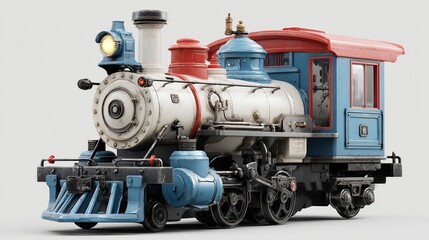 Naklejka premium Colorful toy steam train with red, white, and blue on a white background