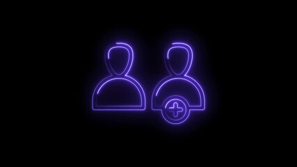 Glowing neon purple user icon with plus symbol isolated on black background representing adding