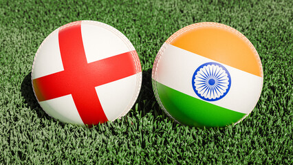 Two cricket balls featuring the flags of England and India, on a grassy field