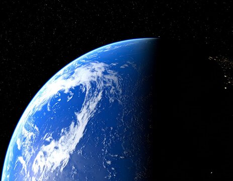 Global view of Earth showing day and night sides with city lights and stars. - Powered by Adobe