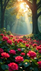 Sunlight filters through trees onto vibrant Rosedale flowers , daylight, flowers, natural