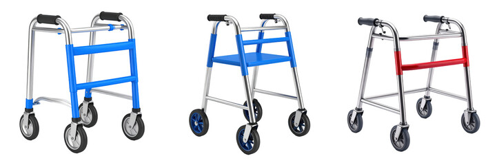 3D Plastic Style Illustration Of Three Medical Walking Aids In Chrome And Various Accent Colors Isolated On A Transparent Background