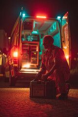 A paramedic kneeling beside an ambulance holding a medical kit. The lights of the vehicle flash behind them