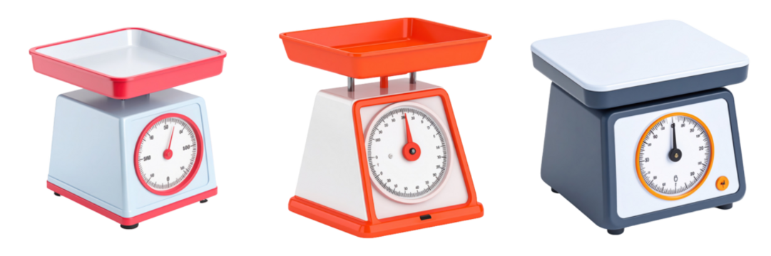 3D Plastic Style Scales Set on Transparent Background Featuring Red Orange And Gray Color Schemes Each With A Classic Dial For Measuring Weight