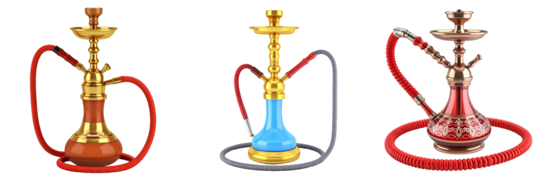 Three 3D Plastic Style Hookahs With Unique Colors And Designs Against Transparent Background - Powered by Adobe