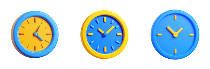 Three Dimensional Cartoon Style Blue and Yellow Clocks Isolated on Transparent Background