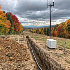 Obraz premium Underground fiber optic cable is installed in a rural autumn landscape.